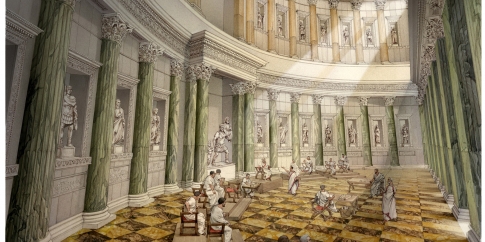 Veduta ricostruttiva dell’interno dell’esedra nord del Foro di Augusto, con scena di tribunale