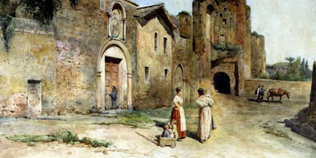 La facciata dell’ospedale di San Tommaso in Formis in un acquerello di Ettore Roesler Franz – 1890 (Roma, Museo di Roma in Trastevere)