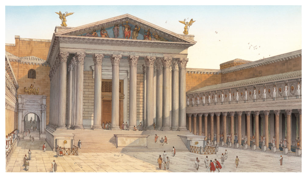 Veduta ricostruttiva del Foro di Augusto, con la piazza e il Tempio di Marte Ultore sullo sfondo