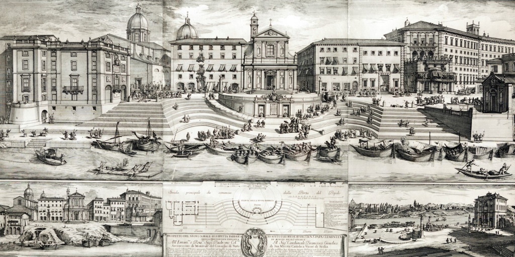 Alessandro Specchi, Prospetto del Porto di Ripetta, acquaforte, 1704, Museo di Roma-Gabinetto delle Stampe 