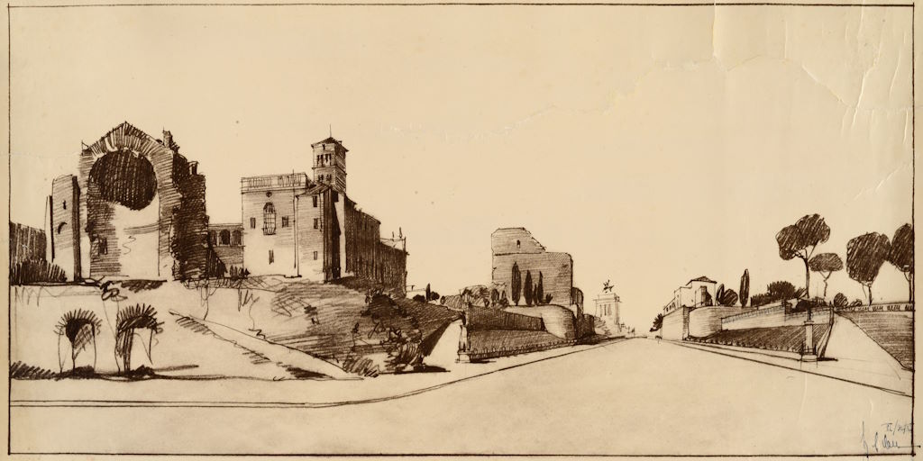 Progetto per l’apertura della nuova strada da Piazza Venezia al Colosseo (Via dei Fori Imperiali), copia cianografica da disegno, 1932 (Roma, Museo di Roma, Gabinetto delle Stampe