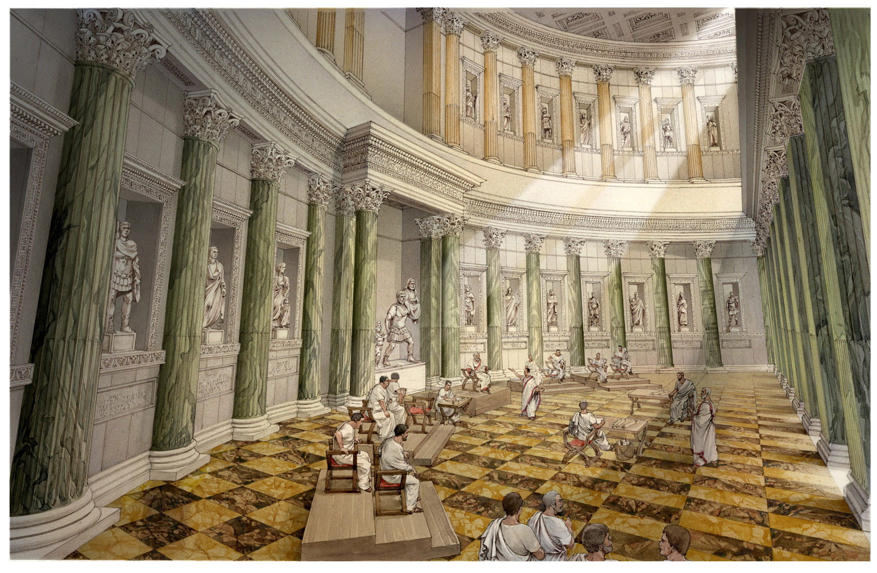 Veduta ricostruttiva dell’interno dell’esedra nord del Foro di Augusto, con scena di tribunale