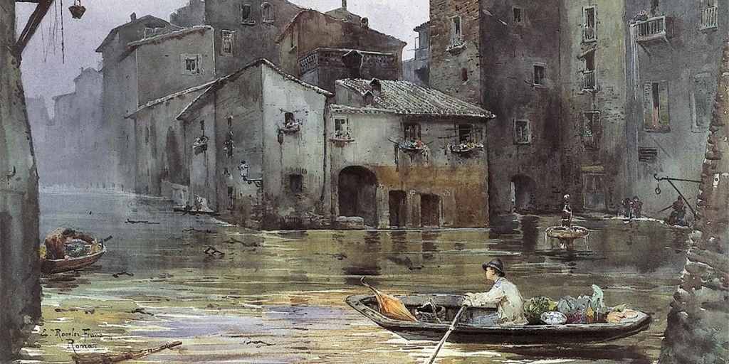 Ettore Roesler Franz, La via Fiumara, nel Ghetto, inondata, acquerello su carta, 1878-1883, Museo di Roma