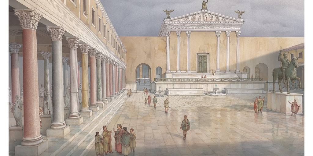 Veduta ricostruttiva del Foro di Cesare alla fine del IV secolo (Archivio Ufficio Fori Imperiali)  
