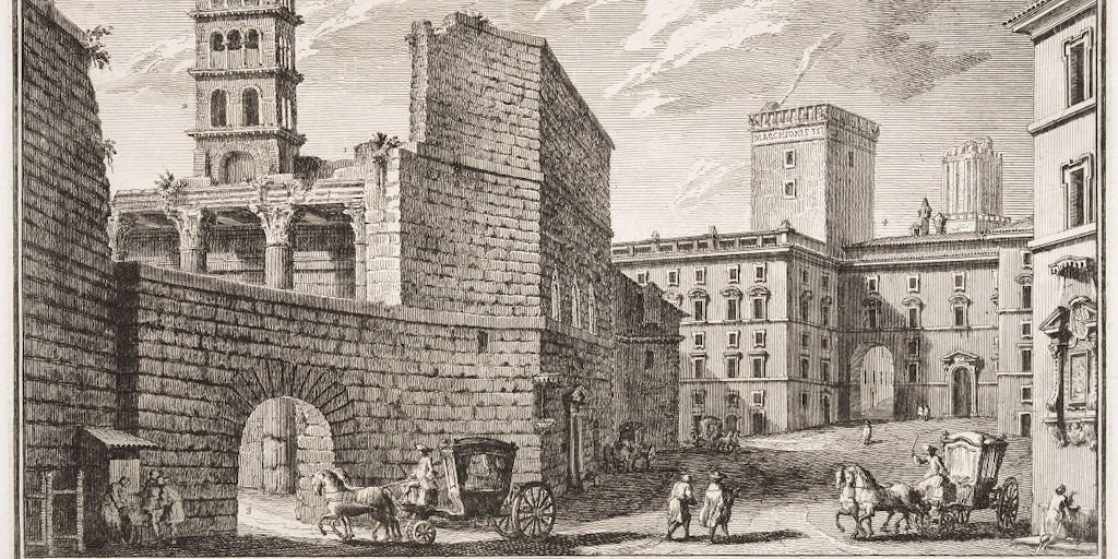 Giuseppe Vasi, veduta del muro di fondo del Foro di Augusto, con l'Arco dei Pantani, il campanile medievale della chiesa di San Basilio, Torre e Palazzo del Grillo e, in fondo, Torre delle Milizie. Incisione, 1758 (Roma, Museo di Roma)