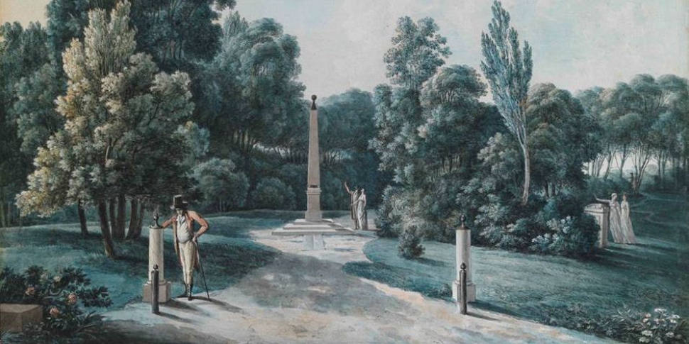 ) J.F. Sablet, Veduta dell'obelisco solare a Villa Borghese, fine XVIII secolo-inizio XIX secolo, acquerello su carta, collezione F. Antonacci (Roma)