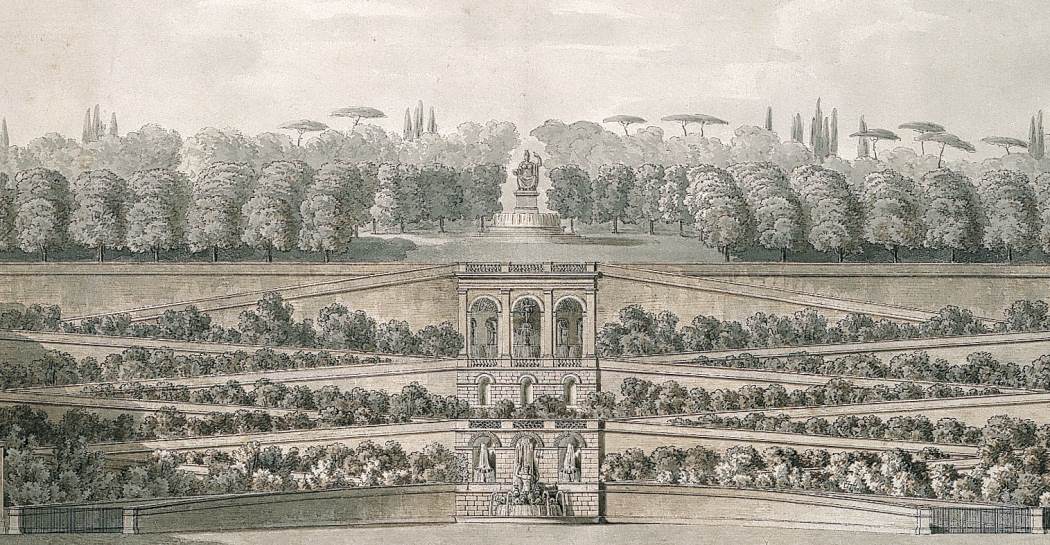 Louis-Martin Berthault, Progetto per il “Giardino del Grande Cesare” al Pincio, 1813, disegno acquerellato, Museo di Roma, MR 5856. Particolare Louis-Martin Berthault, Progetto per il “Giardino del Grande Cesare” al Pincio, 1813, disegno acquerellato, Museo di Roma, MR 5856. Particolare
