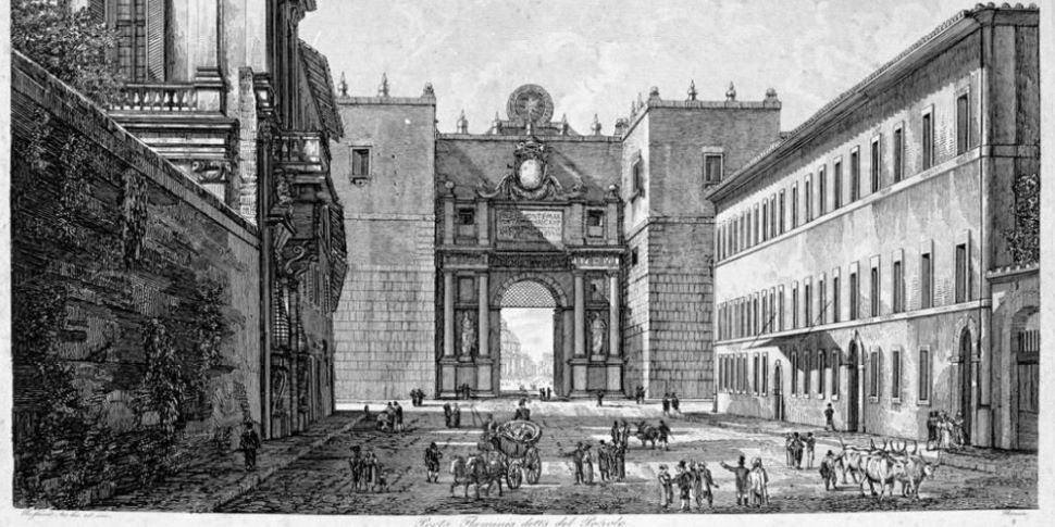 ) Porta Flaminia detta Porta del Popolo, in Viaggio pittoresco da Roma a Napoli: colle principali vedute di ambedue le città, delle campagne e dei paesi frapposti disegnate dal vero ed incise da Luigi Rossini (...) in 80 rami, Roma 1839. Museo di Roma, Gabinetto delle Stampe.