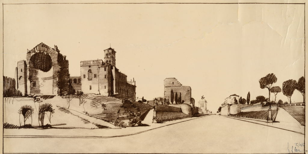 Progetto per l’apertura della nuova strada da Piazza Venezia al Colosseo (Via dei Fori Imperiali), copia cianografica da disegno, 1932 (Roma, Museo di Roma, Gabinetto delle Stampe