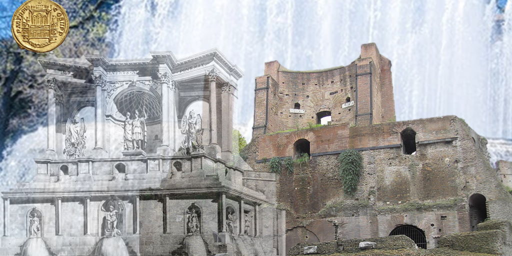 I resti archeologici della fontana monumentale, cd. “Trofei di Mario”, a Piazza Vittorio Emanuele II, a confronto con la ricostruzione di G. Gatteschi; in alto a sx si nota il rovescio di una moneta, emessa dall’imperatore Alessandro Severo nel 226 d.C., che permette di datare con precisione la struttura