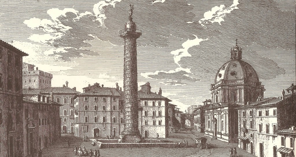Piazza della Colonna Traiana alla metà del Settecento in una stampa di Giuseppe Vasi. A sinistra, con il n.3, è l'ingresso al Conservatorio di Sant'Eufemia