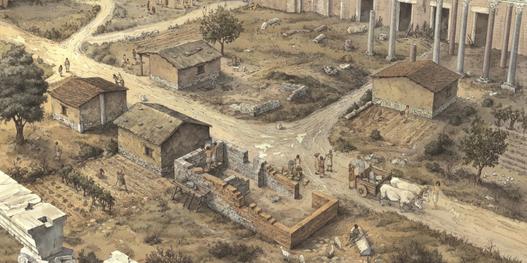 Veduta ricostruttiva della piazza del Foro di Cesare nel X secolo