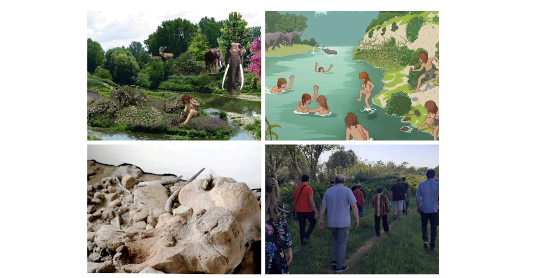 Ricostruzioni del paesaggio fluviale pleistocenico di Casal de’ Pazzi con le sue scene di vita (in alto), il giacimento archeo-pleistocenico come appare oggi all’interno del Museo di Casal de’ Pazzi (in basso a sinistra) e un momento di una passeggiata archeo-naturalistica nel Parco dell’Aniene. Ricostruzioni del paesaggio fluviale pleistocenico di Casal de’ Pazzi con le sue scene di vita (in alto), il giacimento archeo-pleistocenico come appare oggi all’interno del Museo di Casal de’ Pazzi (in basso a sinistra) e un momento di una passeggiata archeo-naturalistica nel Parco dell’Aniene.