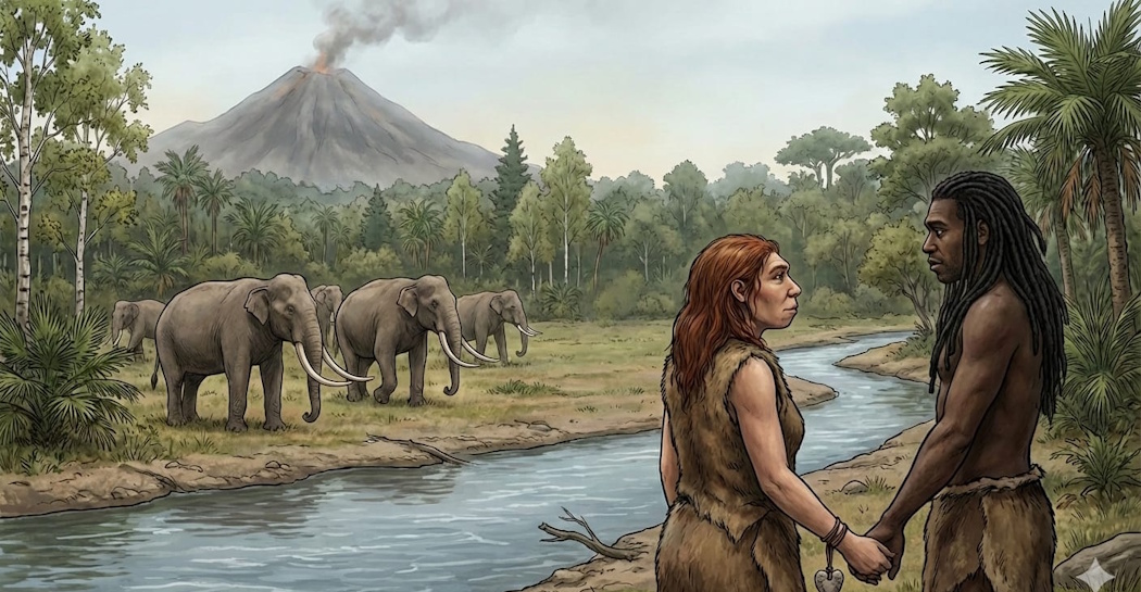 Immagine generata da IA di una donna Sapiens e un uomo di Neanderthal che si incontrano nel Pleistocene_1050x545