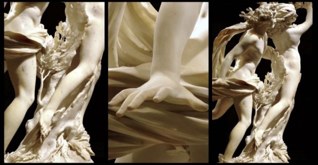 Frame dal video cortometraggio APOLLO &amp; DAPHNE RELOADED IN THE 4th DIMENSION di Umberto Mojmir Ježek (dettagli di Gianlorenzo Bernini, Apollo e Dafne, scultura in marmo, Galleria Borghese)