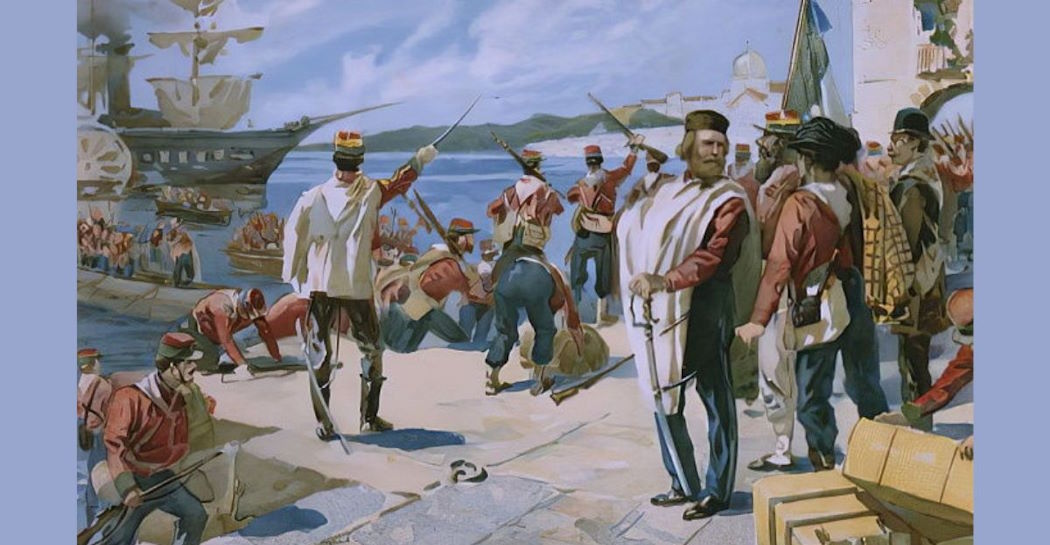 Spedizione dei Mille sotto la guida di Giuseppe Garibaldi, sbarco a Marsala, Sicilia, 1860, illustrazione da un album sulla storia del Risorgimento Spedizione dei Mille sotto la guida di Giuseppe Garibaldi, sbarco a Marsala, Sicilia, 1860, illustrazione da un album sulla storia del Risorgimento