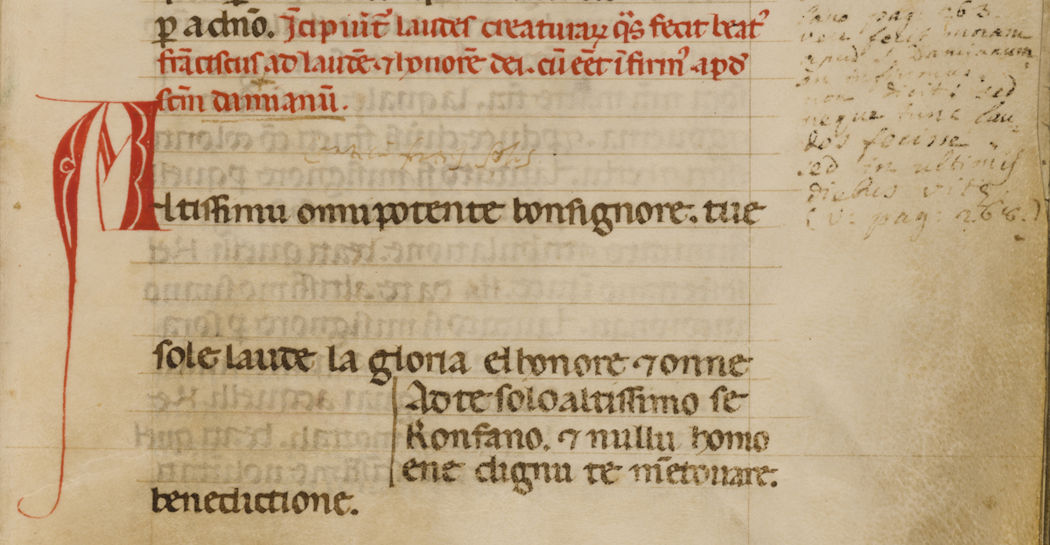 san Francesco d’Assisi, Cantico di Frate Sole, sec. XIII, Fondo antico della Biblioteca comunale di Assisi, Sacro Convento (dettaglio) san Francesco d’Assisi, Cantico di Frate Sole, sec. XIII, Fondo antico della Biblioteca comunale di Assisi, Sacro Convento (dettaglio)