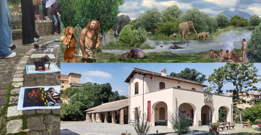 Bambini e adulti giocano al gioco dell’oca a tema preistorico basato sulla vita presso il Tevere e l’Aniene durante il Pleistocene, “osservati” da un gruppo di Neandertaliani in cammino lungo le sponde fluviali, presso i luoghi di Casal de’ Pazzi che maggiormente ne raccolgono l’eredità culturale: il Museo omonimo e la Biblioteca “F. Giovenale” Bambini e adulti giocano al gioco dell’oca a tema preistorico basato sulla vita presso il Tevere e l’Aniene durante il Pleistocene, “osservati” da un gruppo di Neandertaliani in cammino lungo le sponde fluviali, presso i luoghi di Casal de’ Pazzi che maggiormente ne raccolgono l’eredità culturale: il Museo omonimo e la Biblioteca “F. Giovenale”