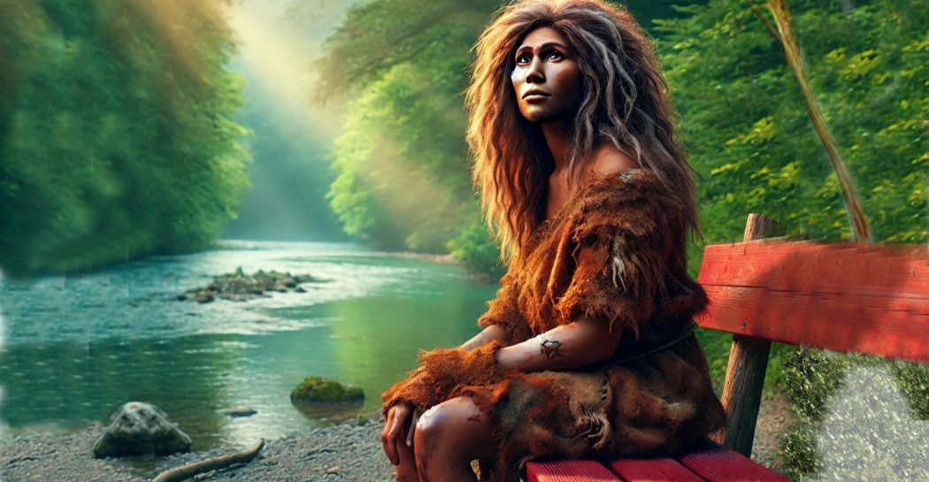 Rappresentazione di una donna preistorica, che siede sulla panchina rossa simbolo del rifiuto della violenza sulle donne, lungo l’antico fiume di Casal de’ Pazzi.