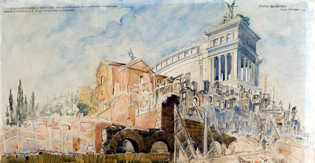 Maria Barosso, Demolizione delle case in Via Cremona per gli scavi al Foro di Cesare, 1932, matita e acquerello su carta, MR - 2492, Roma, Museo di Roma. Foto: Alfredo Valeriani. Copyright dell&#039;immagine: Roma Capitale, Sovrintendenza Capitolina ai Beni Culturali. Referenze fotografiche: Roma, Museo di Roma, Archivio Iconografico