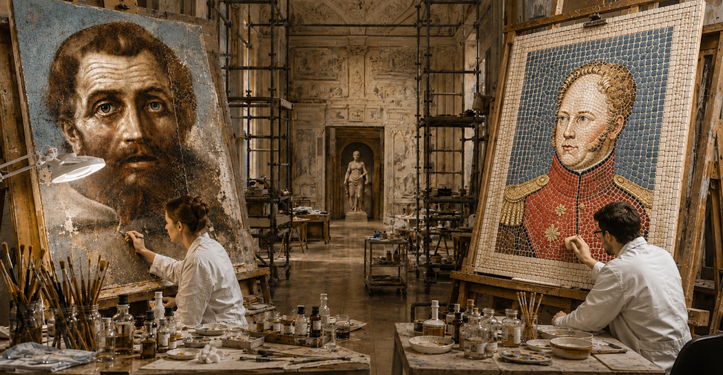 Fantasia-capriccio di un restauro museale. Crediti delle immagini: Immagine creata con IA (Chat GPT). Le due immagini delle opere del Museo di Roma (inv. MR 1831 e MR 5899: credits@Roma, Sovrintendenza Capitolina, Museo di Roma, foto di Alfredo Valeriani) sono state rielaborate liberamente con l’IA Fantasia-capriccio di un restauro museale. Crediti delle immagini: Immagine creata con IA (Chat GPT). Le due immagini delle opere del Museo di Roma (inv. MR 1831 e MR 5899: credits@Roma, Sovrintendenza Capitolina, Museo di Roma, foto di Alfredo Valeriani) sono state rielaborate liberamente con l’IA