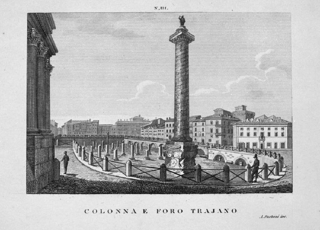 Il Recinto di Pio VII con i resti della Basilica Ulpia da poco scoperti (1830 circa)