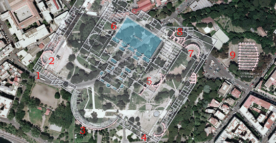 Foto aerea del Parco di Colle Oppio con sovrapposizione della planimetria delle Terme di Traiano