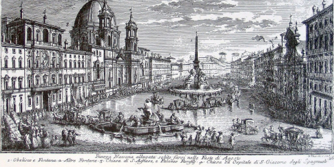 Giuseppe Vasi, Piazza Navona allagata, con obelisco, Fontane, Chiesa di Sant'Agnese, Chiesa di San Giacomo degli Spagnoli e Palazzo Pamfili, stampa, 1752. Museo di Roma, Gabinetto delle Stampe Piazza Navona allagata, con obelisco, Fontane, Chiesa di Sant'Agnese, Chiesa di San Giacomo degli Spagnoli e Palazzo Pamfili