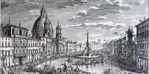 Giuseppe Vasi, Piazza Navona allagata, con obelisco, Fontane, Chiesa di Sant'Agnese, Chiesa di SanGiacomo degli Spagnoli e Palazzo Pamfili, stampa, 1752, Museo di Roma-Gabinetto delle Stampe