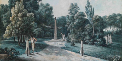 ) J.F. Sablet, Veduta dell'obelisco solare a Villa Borghese, fine XVIII secolo-inizio XIX secolo, acquerello su carta, collezione F. Antonacci (Roma) ) J.F. Sablet, Veduta dell'obelisco solare a Villa Borghese, fine XVIII secolo-inizio XIX secolo, acquerello su carta, collezione F. Antonacci (Roma)