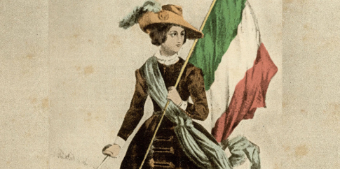 Rivolta Cinque Giorni di Milano del 1848: Ritratto di Cristina Belgioioso Trivulzio (1808-1871) che guidò i rivoluzionari napoletani a Milano. Litografia circa 1850 Ritratto di Cristina Belgioioso Trivulzio con il tricolore (1808-1871)
