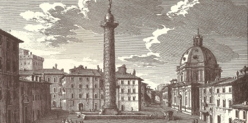 Piazza della Colonna Traiana alla metà del Settecento in una stampa di Giuseppe Vasi. A sinistra, con il n.3, è l'ingresso al Conservatorio di Sant'Eufemia