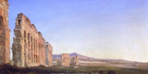 Acquedotti romani al tramonto - Ippolito Caffi, 1843 olio su carta riportata su tela 27,3 x 43,9 cm