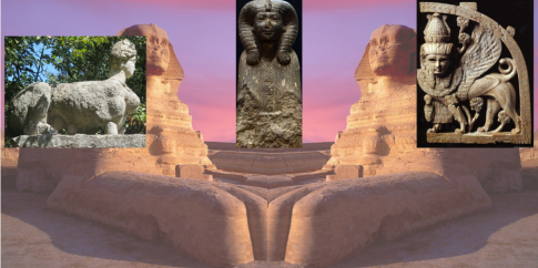 La sfinge MB 13 (al centro) e due sfingi non egizie (ai lati), su uno sfondo con elaborazione della grande sfinge di Gizah