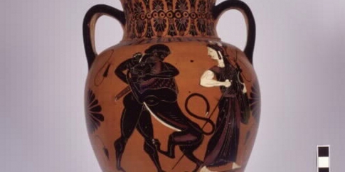 Anfora attica a figure nere con Eracle e il leone nemeo, esposta alla mostra “Colori degli Etruschi” (Musei Capitolini, Collezione Castellani, inv. Ca 74) Anfora attica a figure nere con Eracle e il leone nemeo, esposta alla mostra “Colori degli Etruschi” (Musei Capitolini, Collezione Castellani, inv. Ca 74)