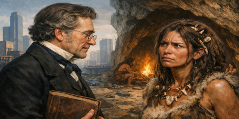 Una donna preistorica perplessa di fronte allo sguardo pieno di pregiudizi di uno studioso ottocentesco, pronto a delineare una narrazione distorta del suo ruolo che spesso perdura nel presente