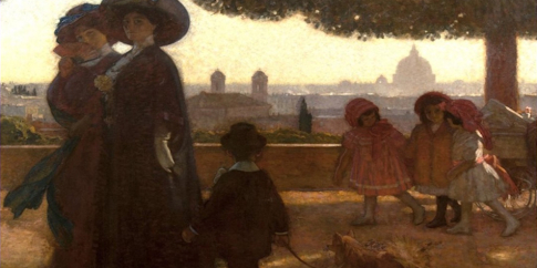 Dipinto che raffigura donne e bambini che passeggiano al Pincio 