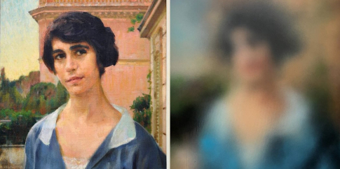 Giacomo Balla, Ritratto femminile (Annina Levi), 1930-40, olio su tela, GAM AM 5350; Miaz Brothers, Ritratto di donna, 2023, aerografo su tela