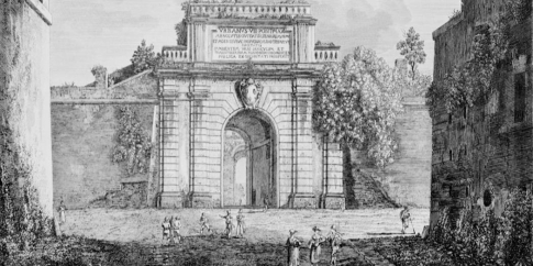 Antica stampa che raffigura i bastioni del Gianicolo