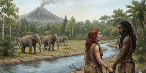 Immagine generata da IA di una donna Sapiens e un uomo di Neanderthal che si incontrano nel Pleistocene_1050x545