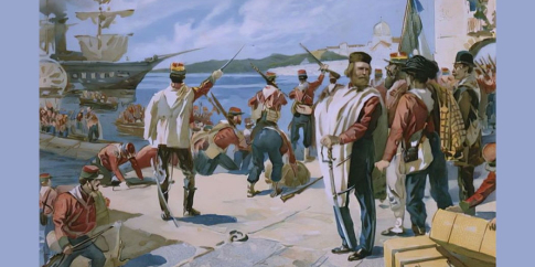 Spedizione dei Mille sotto la guida di Giuseppe Garibaldi, sbarco a Marsala, Sicilia, 1860, illustrazione da un album sulla storia del Risorgimento