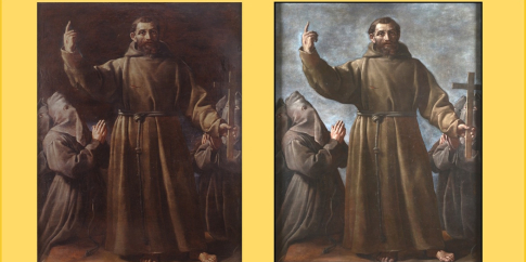 Guido Reni, Stendardo processionale con San Francesco prima e dopo il restauro (verso), 1610, olio su tela, Museo di Roma Guido Reni, Stendardo processionale con San Francesco prima e dopo il restauro (verso), 1610, olio su tela, Museo di Roma