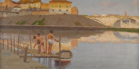 Domenico Quattrociocchi, Il Tevere all'Isola Tiberina, olio su tela, 1930 ca., MR 910 Domenico Quattrociocchi, Il Tevere all'Isola Tiberina, olio su tela, 1930 ca., MR 910