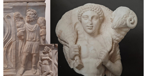 Museo Barracco, Statua di efebo che porta un ariete (prima età imperiale); sarcofago, pastori bucolici (part.), III sec. d. C. Museo Barracco, Statua di efebo che porta un ariete (prima età imperiale); sarcofago, pastori bucolici (part.), III sec. d. C.