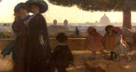 Dipinto che raffigura donne e bambini che passeggiano al Pincio Dipinto che raffigura donne e bambini che passeggiano al Pincio