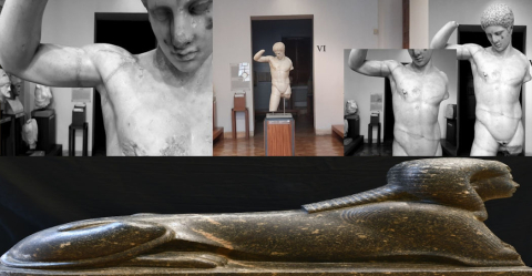 L’efebo di tipo Westmacott (MB 99), della Sala V (secondo piano) e la Sfinge MB 13 (primo piano) della Sala II del Museo Barracco (elaborazioni grafiche)