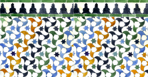 Zellige con il cosiddetto motivo "dell'uccello nasride" all'Alhambra acquarello e grafite su carta