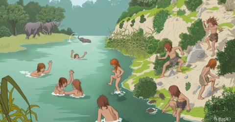 ) Illustrazione di Andrea Camic tratta dall’esposizione accessibile “Un viaggio particolare dal fiume al mare”, in cui si vedono bambini neandertaliani giocare nel fiume di Casal de’ Pazzi, circondati da fauna e flora pleistoceniche