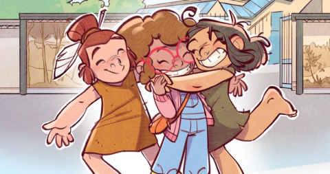 tre bambini che si abbracciano Un fumetto per raccontare la Preistoria di Casal de’ Pazzi