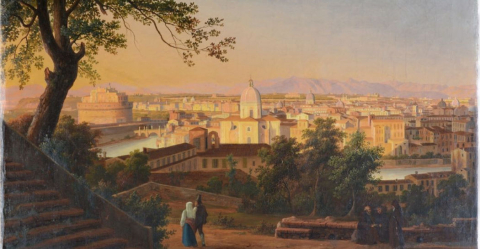 Veduta di Roma dal Gianicolo e la quercia del Tasso, olio su tela, 1830-1860. Museo di Roma, inv. MR 1191.